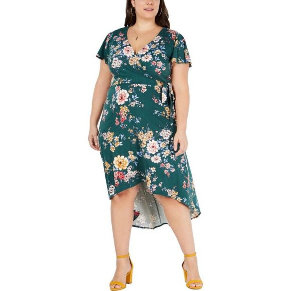 BCX Women's Floral Short Sleeve Tea Length Hi Lo Dress Green Size 2X